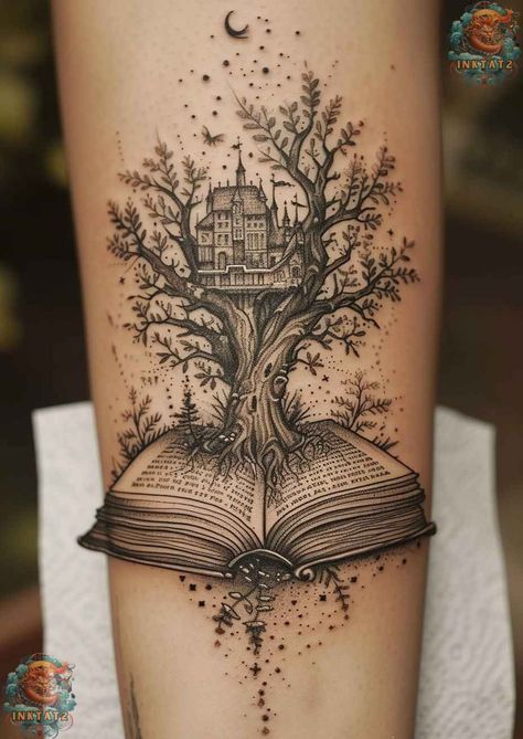 Pop Up Book Tattoo, Large Book Tattoo Ideas, Book World Art, Book Escape Tattoo, Antique Book Tattoo, Fantasy World Tattoo, Book Tattoo Ideas Sleeve, Whimsical Book Tattoo, Gothic Book Tattoo