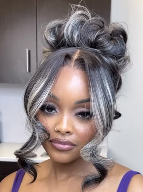 Gray Hair Ponytail Hairstyles, 90s Ponytail Black Women, Chunky Balayage, Silver Ponytail, Grey Hair Ponytail, Cutest Hairstyles, Black Hair Girl, Hot Hairstyles, Grey Hair Looks