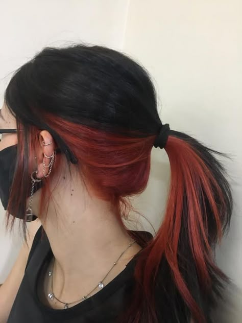 Red Undercolor Hair, Black Hair On Top Red Underneath, Different Hair Color Techniques, Black Hair With Copper Peekaboos, Red Underside Hair, Red Under Layer Hair, Red Hair On Top Black Underneath, Red Hair Under, Black Hair Red Peekaboo