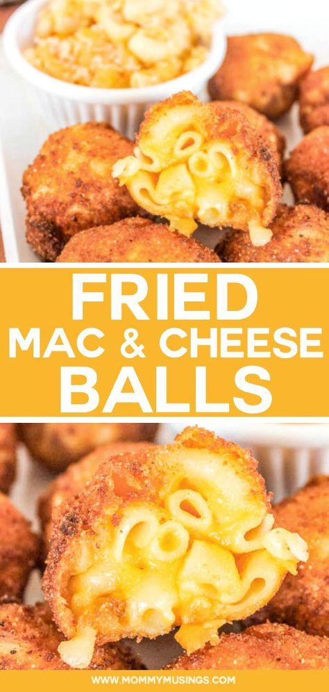 Fried Mac and Cheese Balls Recipe - Wow your guests with this cheesy party appetizer! #partyappetizer #appetizers #macandcheese #friedfood #partyfood Fried Mac And Cheese Bites, Mac And Cheese Balls Recipe, Fried Mac And Cheese Balls, Mac And Cheese Balls, Fingerfood Recipes, Fried Macaroni And Cheese, Cheese Balls Recipe, Cheese Bites Recipe, Fried Mac And Cheese