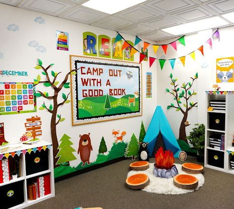 Kindergarten Classroom Forest Theme, Classroom Decor Camping Theme, Woodland Theme Bulletin Board Ideas, Forest Friends Classroom Theme, Camping Theme Preschool Classroom, Outdoor Bulletin Board Ideas, Woodland Classroom Theme Decor, Camping Classroom Decor, Outdoor Classroom Theme