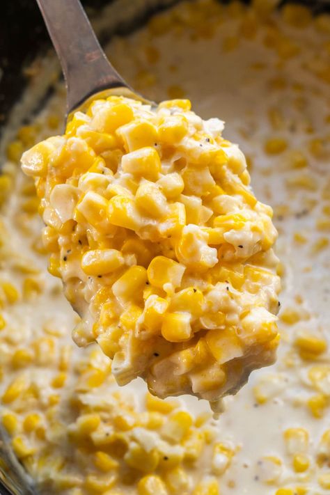 4 hour crockpot creamed corn made with frozen corn and cream cheese.  This makes a thick sweet creamed corn that is the ultimate comfort food side dish! You can cook it on HIGH to make it even faster. Frozen Corn In The Crockpot, Creamy Crockpot Corn, Cream Corn Crockpot, Crockpot Creamed Corn, Corn And Cream Cheese, Sweet Creamed Corn, Canned Corn Recipes, Sweet Cream Corn, Crock Pot Corn