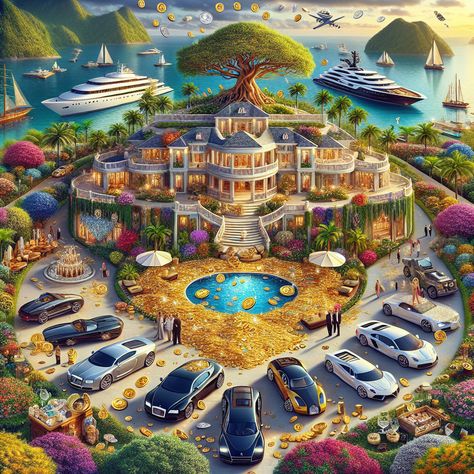 Revel in this AI-generated spectacle of luxury and wealth. Gold, gemstones, yachts, private jets, all gathered around a grand mansion. Spot the unique money tree, symbolizing wealth manifestation! #LuxuryLifestyle #WealthManifestation #Affluence #Opulence #Extravagance #Prosperity. Learn more about wealth manifestation {Insert Link Here}. Wealth And Abundance, Images Of Money Wealth, Abundance Money Images, Images Of Wealth And Abundance, Abundance Images, Manifest Wealth And Abundance, Angel Wings Drawing, Lucky Wallpaper, Money Wallpaper Iphone