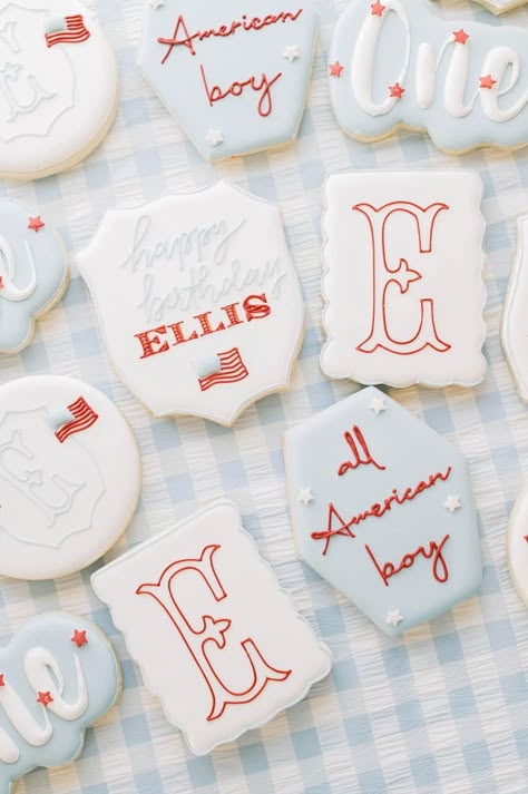 America First Birthday Party, Red White And Two Cookies, July 4th Baby Shower Ideas, One All American Boy Birthday, July 1st Birthday Party Ideas, All American Boy Birthday Party, July Baby Birthday, Red White And Two Birthday, Usa Cookies