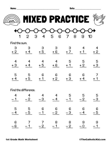 Practice Addition & Subtraction - 1st Grade Math Worksheet Catholic - TheCatholicKid.com First Grade Addition And Subtraction Worksheets, Addition Work Sheets 1st Grades, 3rd Grade Math Worksheets Subtraction, Maths 1st Grade Worksheets, Math Activity Sheets For Grade 1, Grade 2 Math Worksheets Addition And Subtraction, 1st Grade Math Subtraction Worksheets, Math Practice Worksheets 1st Grade, First Grade Subtraction Worksheet