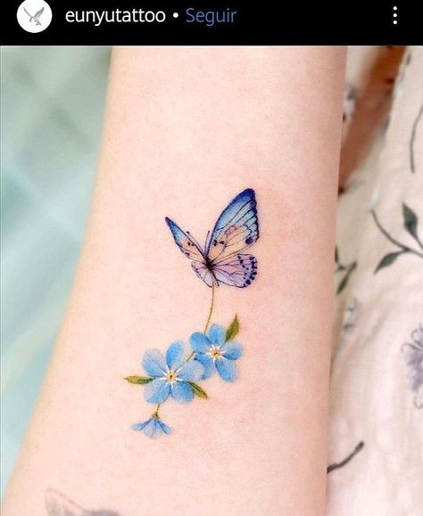 Butterfly Flower Ankle Tattoo, Memory Butterfly Tattoos, Butterfly Wrist Tattoos For Women, Delicate Butterfly Tattoo, Flower And Butterfly Tattoo, Miniature Tattoos, Blue Flower Tattoos, Pretty Flower Tattoos, Blue Butterfly Tattoo