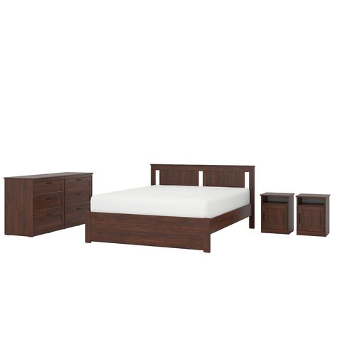 SONGESAND Bedroom furniture, set of 4, brown, Full Traditional design and attention to detail, SONGESAND offers a classic look and long-lasting quality. Enjoy a coordinated look in your bedroom with this bed frame, 2 bedside tables and a chest of drawers. Songesand Bedroom, Songesand Bed, Modern Storage Boxes, Small Apartment Inspiration, Bed Frame Legs, Aesthetic Decor Ideas, Double Bed Mattress, Garden Nails, Bedroom Furniture Set