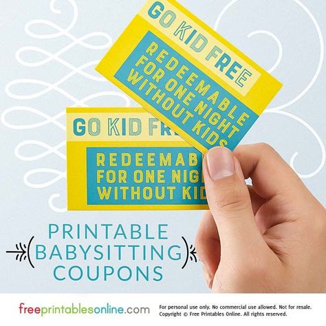 Every parent needs a night off from time to time, so why not gift your favorite mom and/or dad with a go kid free babysitting coupon? Free Babysitting Coupon, Babysitting Coupons, Babysitting Coupon, Neat Gift Ideas, Online Baby Shower, Christmas Coupons, Printable Tickets, Rock Family, Free Printable Coupons