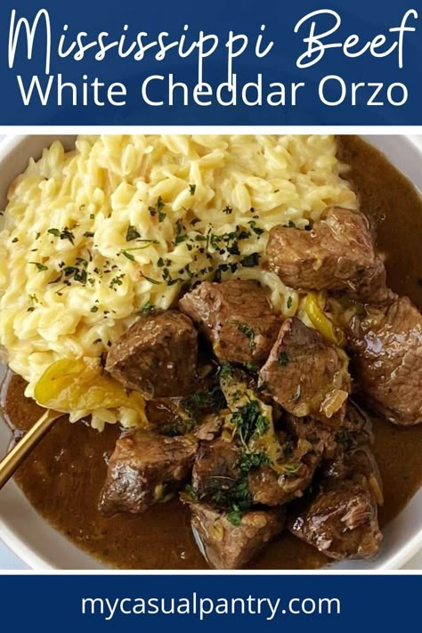 bowl of mississippi beef with orzo. Orzo Recipes Beef, Orzo Beef Soup, Things To Do With Stew Meat, Beef And Orzo Recipes, Ground Beef Orzo Recipes, Mississippi Beef Stew, Beef Orzo Soup, Recipes For Stew Meat, Beef And Orzo