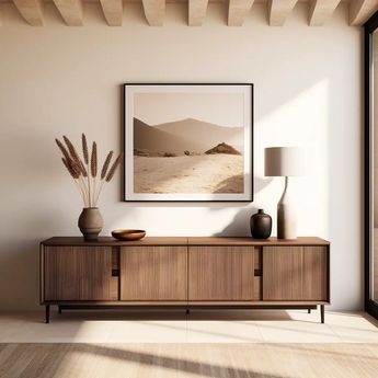 New Modern Living Room Interior Design, Sideboard And Mirror, Japandi Credenza, Tv Sideboard Ideas, Sideboard Styling Decor Ideas, Sideboards Living Room Inspiration, Decorate A Sideboard, Salon Home Ideas, Tv Table Ideas