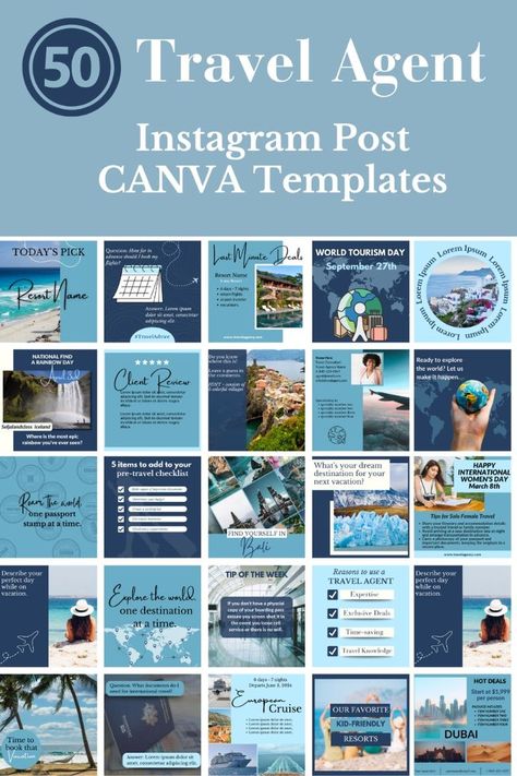 Instagram Design | Capture Instagram's attention with our travel templates! As a travel agent, our curated collection ensures lasting impressions with user-friendly, visually appealing designs. Choose from a variety of templates, all fully editable in CANVA. Create captivating content aligned with your brand, turning your Instagram feed into a visual journey of travel inspiration that leads to sales! ⭐WHAT’S INCLUDED ⭐ 50 Instagram Posts (1080 x 1080 px) 💙 FOLLOW THIS SHOP - to get notified on Travel Agent Instagram, Instagram Posts Template, Tourist Agency, Agency Instagram, Insta Template, Tourism Design, Agency Branding, Fun Fact Friday, Tourism Day