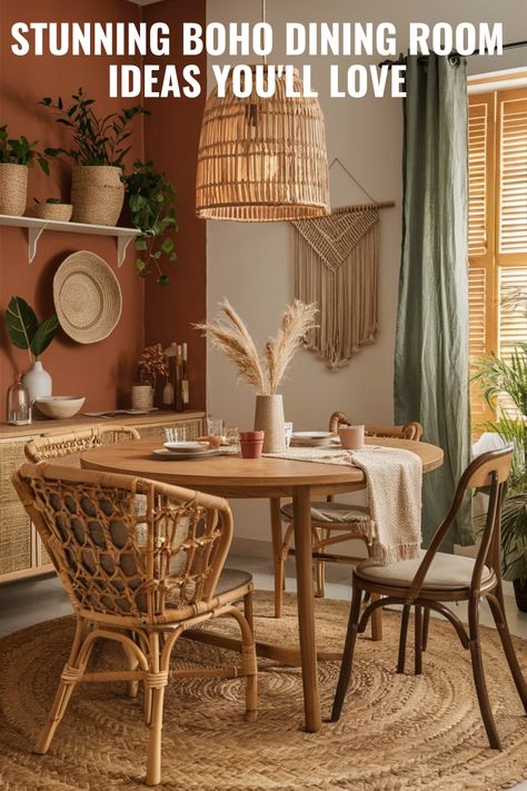 Embracing the free-spirited boho style? ✨  Discover 15 unique & breathtaking dining room ideas to create a captivating & inviting space. See them now! Dining Room Boho Style, Scandi Boho Dining Room, Cafe Inspired Dining Room, Dining Room Ideas Boho, Retro Dining Room Ideas, Dinning Room Boho, Boho Modern Dining Room, Bohemian Dining Room Ideas, Terracotta Dining Room