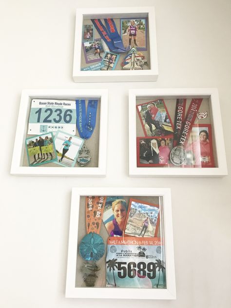 5k Medal Display, Marathon Frame Medal Displays, Shadow Box Medal Display, Race Medal Shadow Box Display Ideas, Medal Shadow Box Ideas, Aesthetic Medal Display, Medal Display Ideas Frame, Marathon Shadow Box Ideas, Race Medal Display Ideas