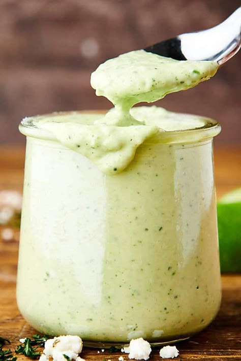 This Cilantro Lime Sauce is fresh, creamy, tangy and makes the perfect dip, sauce, or dressing. Serve it with french fries, in tacos, on fish, and more! www.showmetheyummy.com Whole30 Ranch, Lime Dipping Sauce, Taco Sauce Recipes, Dairy Free Ranch Dressing, Lime Salad Dressing, Avocado Lime Dressing, Fish Taco Sauce, Cilantro Lime Sauce, Taco Sauce