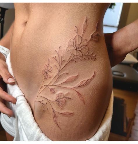 Begonia Tattoo Flowers, Tattoo Ideas Female Full Leg, Marigold Leg Tattoo, Tattoo From Waist To Thigh, Hip To Side Tattoos Women, Floral Pelvis Tattoo, Fallin Flower Tattoo, Lower Stomach Hip Tattoo, Full Body Leaf Tattoo