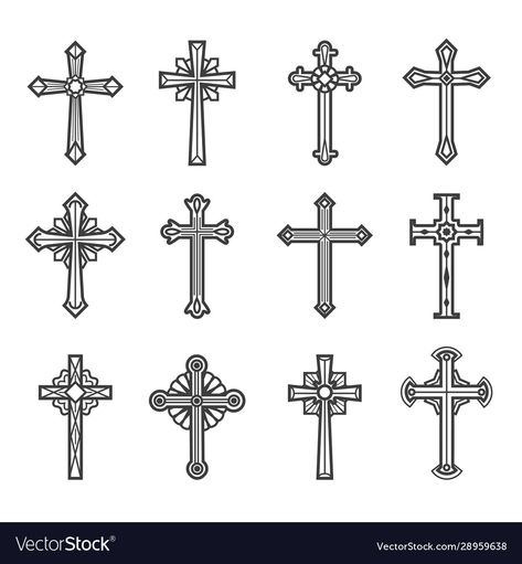 Crucifix Drawing, Villian Design, Dragon Tattoo Vector, Crucifix Tattoo, Unique Cross Tattoos, Catholic Symbols, Cross Drawing, Baptism Cookies, Medieval Embroidery