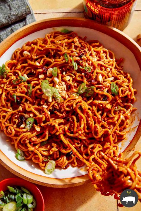 Quick-cooking ramen noodles coated in a spicy, savory sauce make our Spicy Ramen Noodles the best weeknight dinner! It's ready in just 10 minutes, uses common pantry ingredients, and has endless variations for the perfect comfort meal! #spicyramennoodles #noodles #spicy #quick Spicy Ramen Bowl, Spicy Food Aesthics, Spicy Noodles Aesthetic, Spicy Ramen Noodle Recipes, Cooking Ramen, Spicy Ramen Noodles, Hot Ramen, Noodles Spicy, Pork Ramen