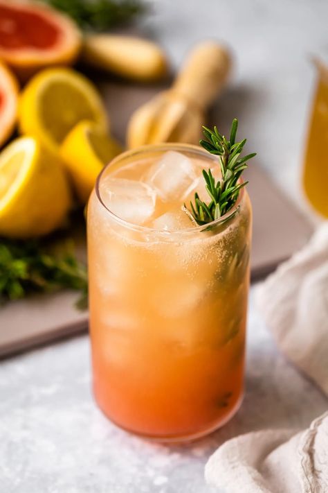 This Grapefruit-Ginger Kombucha Mocktail is easy to make, refreshing, and good for your gut! #mocktail #dryjanuary #drinks #guthealth #grapefruit Kombucha Mocktail, Ginger Kombucha, Kombucha Cocktail, Beef Tenderloin Recipes, Giving Up Alcohol, Fermented Tea, Fresh Squeezed Juice, Low Sodium Recipes, Citrus Juicer