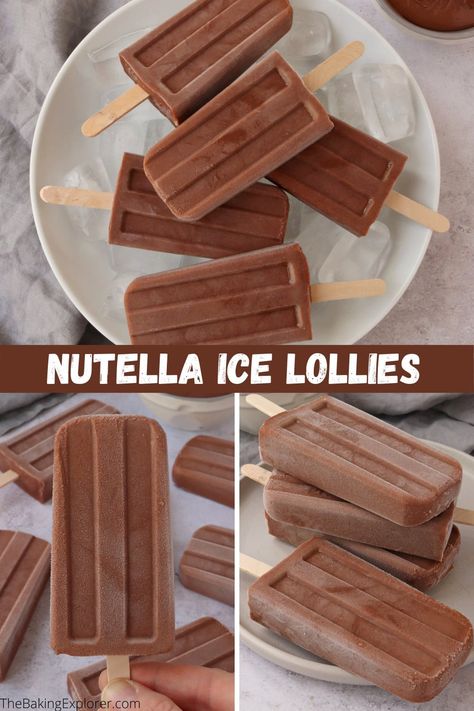 Recipe for Nutella Popsicles - three ingredient and easy to make ice lollies. Perfect for summer time, or any time! #popsicles #icelollies #thebakingexplorer #nutellarecipes #summerdessert How To Make Chocolate Popsicles, Ice Cream Lollies Recipes, Ice Cream Recipes Popsicles, Healthy Ice Lollies, How To Make Ice Lollies, Healthy Ice Lolly Recipes, Homemade Ice Lolly Recipes, Homemade Ice Lollies, Ice Lollies Recipes