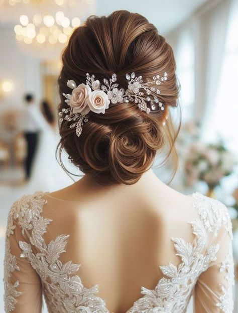 Hairstyles For Wedding Gown Brides, Bridal Hair Design, Wedding Hairstyles With Accessories, Bridal Hairstyle With Flowers, Bride Hairdo With Veil, Updo With Headband Wedding, Bride Hair Styles 2024, Haïr Style For Bride, Hairstyles On Gown