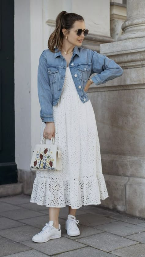 Denim And White Dress, Long White Dress Outfit Casual, Long Cardigan With Dress, White Dress With Jacket, White And Denim Outfits, White Dress Denim Jacket, Styling Denim Jacket, Dress And Cardigan Outfit, Denim Jacket Styling