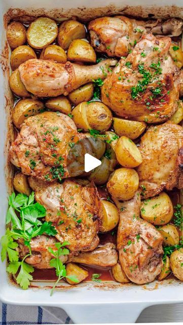 Mediterranean Diet Plan🇺🇲 on Instagram: "One Pan Chicken and Potatoes 🥘🍗🥔
Thanks @feelgoodfoodie😍

Easy to prep, this one pan chicken and potatoes is a delicious family meal that everyone will love. Simple, juicy and so tasty! 💫

💁‍♀️ Type “”Chicken”” If You Want to Get More Recipes From @mediterraneandiet.meal

👋 Follow @mediterraneandiet.meal To Get Daily Mediterranean Recipes

👉Ingredients: 
8 chicken thighs and drumsticks
▢1 ½ pounds baby potatoes halved
▢¼ cup olive oil
▢¼ cup lemon juice
▢6 garlic cloves pressed
▢1 teaspoon 7 spice
▢1 teaspoon paprika
▢2 teaspoons salt
▢1 teaspoon black pepper

👉Instructions:
Preheat oven to 400°F. Dry the chicken and potatoes well with a paper towel and place on a 9 x 13 oven-safe rimmed baking dish.
In a small bowl, One Pan Baked Chicken And Potatoes, Baked Chicken Dishes, Chicken And Potatoes In Oven, Chicken And Baby Potatoes Recipes, One Pan Chicken And Potatoes, Oven Baked Chicken With Veggies Roasted Potatoes, Baked Chicken And Potatoes Oven, Italian Chicken And Potatoes In Oven, Greek Lemon Chicken And Potatoes In Oven