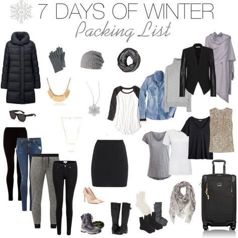 What to pack for Winter travel for Women. 7 Days, 7 Outfits. Easy to dress up and dress down. Travel lighter. Free packing list. Womens Packing List, Winter Packing List, Winter Packing, Travel Capsule, Travel Clothes, Packing Lists, Travel Outfits, Travel Wardrobe, Ski Trip