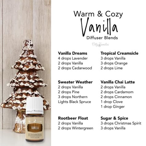 Vanilla oleoresin has a rich, warm, comforting aroma with sweet top notes. It blends well with most essential oils including mints, citrus, spicy, and woodsy oils. Try these warm and cozy vanilla diffuser recipes this holiday season! Christmas Diffuser Blends, Living Oils Recipes, Essential Oil Combinations, Essential Oil Diffuser Blends Recipes, Young Living Essential Oils Recipes, Essential Oils Guide, Essential Oils Diffuser, Yl Oils, Essential Oil Diffuser Recipes