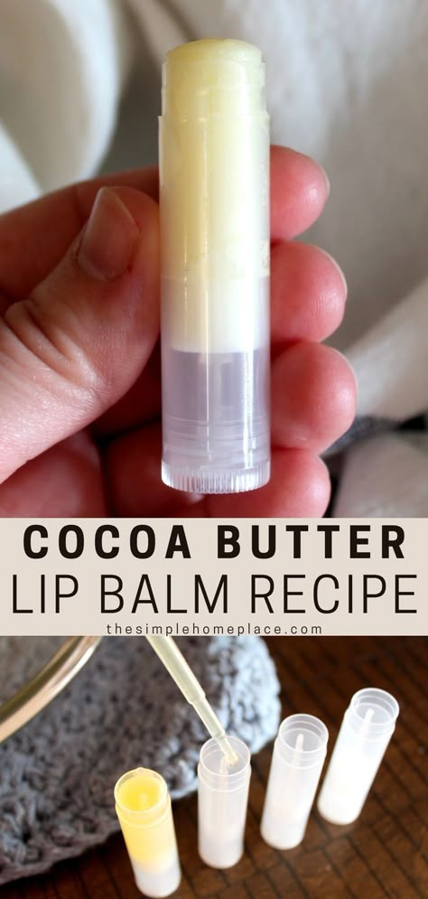 hand holding tube of homemade cocoa butter lip balm Lip Balm With Cocoa Butter, Lip Balm With Almond Oil, Cocoa Butter Lip Balm Diy, Bees Wax Lip Balm Recipes, Cocoa Butter Lip Balm Recipe, Best Lip Balm Recipe, Coco Butter Lip Balm, Cocoa Lip Balm, Creamy Lip Balm Recipe