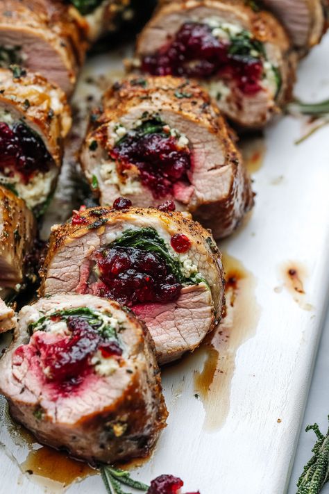 Best Christmas Stuffed Pork Tenderloin Holiday Stuffed Pork Tenderloin, Pork Tenderloin Breakfast Recipes, Christmas Dinner Thats Not Turkey, Gourmet Meat Recipes, Buffet Meat Dishes, Bobby Flay Pork Tenderloin, Pork Loin Appetizer Recipes, Rolled Pork Tenderloin Recipes, Main Dishes For Dinner Party