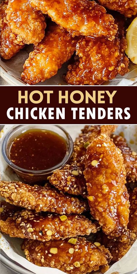 These Hot Honey Chicken Tenders are the perfect blend of crispy, golden goodness with a kick of heat and a drizzle of honey! 🌶🍯 Whether you're planning a quick dinner, game-day snack, or family meal, this easy recipe will have everyone asking for seconds. 👉 Try it today and experience the perfect combination of spicy and sweet. Don’t forget to save this Pin and share your results! 🤩 #RecipeIdeas #SpicyChicken #EasyMeals #HotHoneyChicken #ChickenTenders #FoodLovers Hot Honey Fried Chicken, Fried Chicken Tenders Recipe, Crispy Baked Chicken Tenders, Hot Honey Chicken Tenders, Honey Chicken Tenders, Homemade Hot Honey, Hot Honey Sauce, Spicy Chicken Tenders, Spicy Honey Chicken