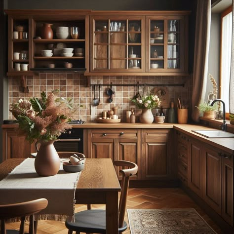 Brown Kitchen Kitchen Interior Brown Cabinets, Brown Appliances Kitchen, Brown Cabinets Light Countertops, Old Brown Kitchen Cabinets, Small Kitchen Brown Cabinets, Rustic Brown Kitchen Cabinets, Kitchen Ideas Wooden Cabinets, Kitchen Brown Cabinets White Counter, Dark Wooden Cabinets Kitchen