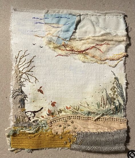 Sewn Paper Art, Scrap Fabric Artwork, Fabric Collage Ideas Art Projects, Embroidery On Sheer Fabric, Fabric Art Journal, Slow Stitching Ideas Textile Art, Fabric Collage Ideas, Slow Stitching Textile Art, Art With Fabric