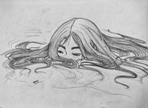 Girl drowning into water creative sketch. Floating hair over water. Head Out Of Water Drawing, Face Coming Out Of Water Drawing, Water Lady Drawing, Anime Drowned In Water, Sea Person Drawing, Stream Of Water Drawing, Lady In Water Tattoo, How To Draw Hair In Water, Women In Water Drawing