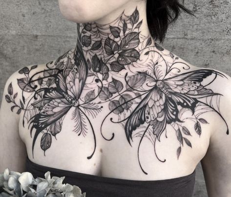 Badass Tattoos For Women, Chest Tattoo Designs Female, Chest Neck Tattoo, Simbols Tattoo, Gotik Tattoo, Full Chest Tattoos, Chest Tattoo Ideas, Throat Tattoo, Neck Tattoos Women