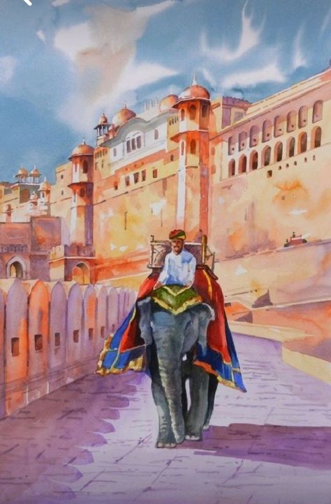 Indian Monuments Paintings, Jaipur Painting, Ghat Painting, Oil Painting App, Rajasthani Art, Indian Illustration, Indian Art Gallery, Watercolor Architecture, Art Village