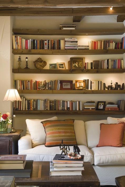 Library Organization Ideas Home, Full Wall Bookshelves, Bookshelves On Wall, Modern Library Design Home, Bookshelf Behind Couch, Full Wall Shelving, Modern Shelving Ideas, Shelving Unit Ideas, Home Library Office