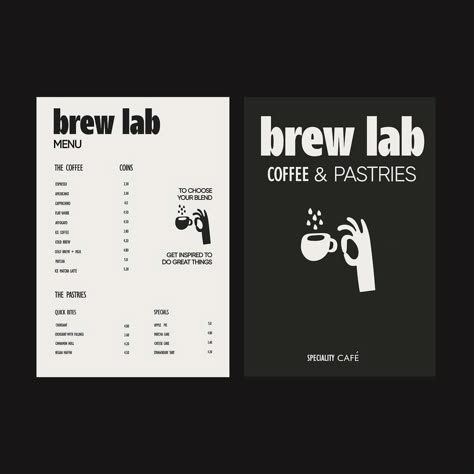 Brand identity for Brew Lab cafe. Elevate your coffee experience☕️ Modern Coffee Shop Branding, Coffee Shop Mockup, Coffee House Branding, Coffee Brand Identity, Menu Coffee Design, Cafe Branding Identity, Menu Design Cafe, Coffee Shop Content, Coffee Shop Menu Design