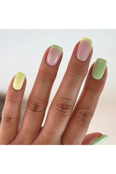 French Tip Press on Nails Medium Square Fake Nails Green and Yellow False Nails with Design Glossy Acrylic Nails Full Cover Stick on Nails Cute Press on Nails Artificial Nails for Women 24Pcs Yellow Tip Nails Acrylic, Nails Green And Yellow, Yellow Green Nails, Green Yellow Nails, Green And Yellow Nails, Fake Nails Green, Glossy Acrylic Nails, Shower Nails, Nails Medium Square