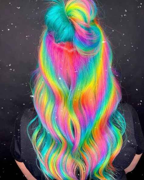 Bright Rainbow Hair, Rainbow Hair Inspiration, Spring Vivid Hair Color, Funky Hair Color Ideas, Prism Hair, Neon Hair Color, Exotic Hair Color, Unicorn Hair Color, Holographic Hair