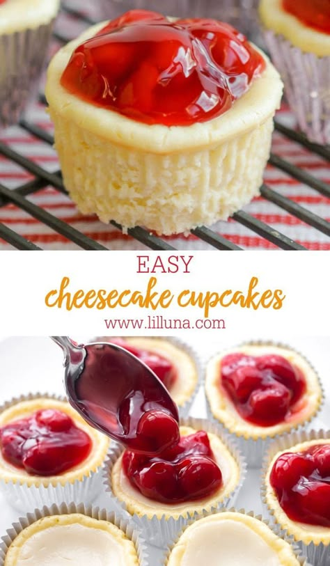 Cheesecake Cupcakes are a bite-sized cheesecake treat. Top with cherry pie filling, or any other topping you like! #cheesecakecupcakes #cheesecake #cherryrecipes #cupcakes #dessert Cheesecake Recipes Cups, Easy Cheesecake Cupcakes, Cheesecake In Cupcake Liners, Cupcake Cheesecake Recipes, Crumb Dessert, Cheesecake Minis, Cheesecake Cups Recipe, Cheesecake Cupcakes Recipe, Mini Cherry Cheesecakes