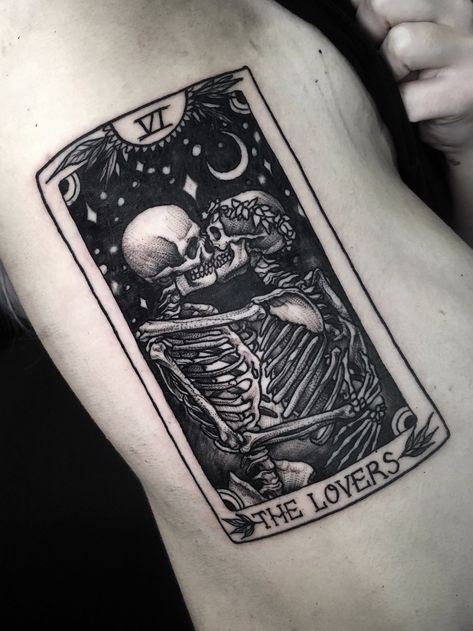 Tattoo uploaded by Betty | “The lovers” tarot card. #thelovers #betty #tarot #tarotcard #skeleton #kiss | 1038547 | Tattoodo Tarot Card Tattoo Skeleton, Tattoo Ideas Tarot Cards, The Lovers Tarot Card Tattoo, The Lovers Tattoo, Tatuaje Cover Up, Gotik Tattoo, Backpiece Tattoo, Lovers Tarot Card, Tarot Tattoo