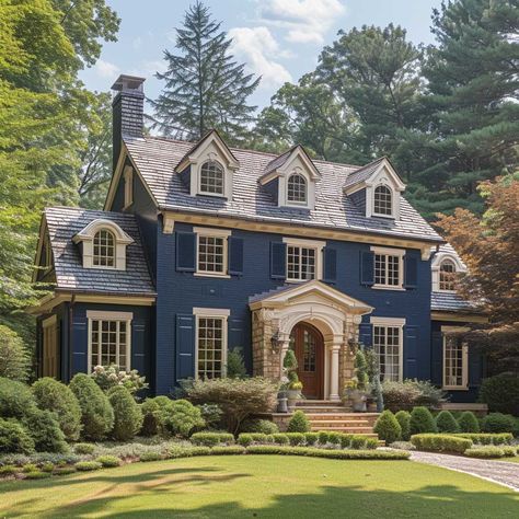 American Manor House, Mcmansion Exterior, Victorian Country House Exterior, Older House Exterior, Navy Colonial House Exterior, Large Family House Exterior, Houses With Personality, Charming Exterior Homes, English Suburban House