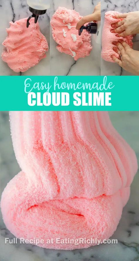 Learn all about cloud slime and how to create that incredibly soft and fluffy slime texture that resembles a cloud and drizzles perfectly. Textured Slime Recipe, Different Types Of Slime Recipes, Homemade Cloud Slime, Unique Slime Recipes, Fluffy Slime Recipe Without Glue, How Slime How To Make, Cloud Dough Slime Recipe, Soft Slime Recipe, How To Make Floam Slime