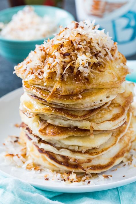 Coconut Pancakes Coconut Milk Pancakes, Pancakes Syrup, Gourmet Pancakes, Coconut Pancakes, Waffle Mix, Breakfast Pancakes, Coconut Recipes, Pancakes And Waffles, Breakfast Brunch Recipes