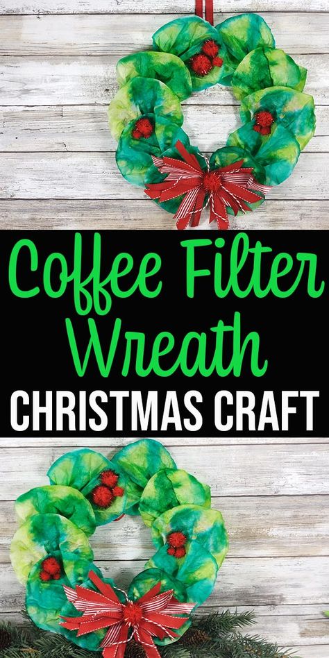 This Coffee Filter Wreath is a cute Christmas craft for kids of all ages. Transform coffee filters and a paper plate into a colorful wreath decoration. These are easy to make and look so pretty when finished. You can create this coffee filter craft in about 30 minutes (plus drying time) with help from the kids! Great project to do with preschool and kindergarten children. Schoolage Christmas Craft, Christmas Gift For Preschoolers, Holiday Classroom Craft Ideas, Elementary December Crafts, Christmas Crafts Coffee Filters, Crafts To Do With Coffee Filters, Christmas Wreath Theme Ideas, Class Christmas Projects, Elementary Age Christmas Crafts