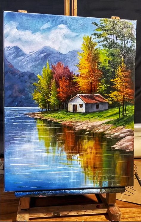 Jun Das Nature Drawing On Canvas, Canvas Art Landscape Acrylic Paintings, Landscape Acrylic Painting For Beginners, Nature Canvas Painting Ideas, Acrylic Painting Nature Landscapes, Scenic Painting Ideas, Acrylic Paint Landscape, Acrylic Painting Ideas On Canvas Nature, Landscape Pictures To Paint