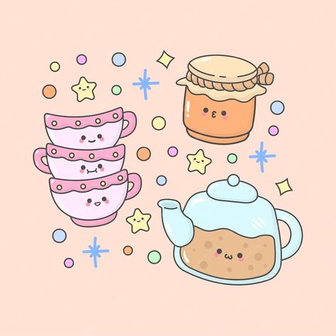 Premium Vector | Kitchen Utensil tea cup tea pot jar with cute facial expressions and pastel colour Cute Facial Expressions, Vector Kitchen, Pot Drawing, Kawaii Drawing, Kitchen Utensil, Cup Tea, Card Banner, Business Card Maker, Flyer Maker