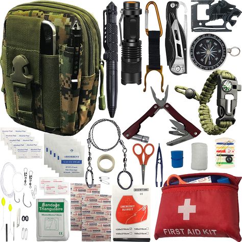 Emergency Survival kits, 65 pcs in 1 Survival Gears with First Aid Compass Knife Tactical Tools Cool Gadgets for Outdoor Camping Hiking Biking Home Gifts Ideas for Men Husband Boyfriend Dad Father Boy Survival Gadgets, Camping Gear Survival, Things I Want For Christmas, Camping Safety, Emergency Survival Kit, Camping Kit, Fishing Kit, Survival Equipment, Apocalypse Survival