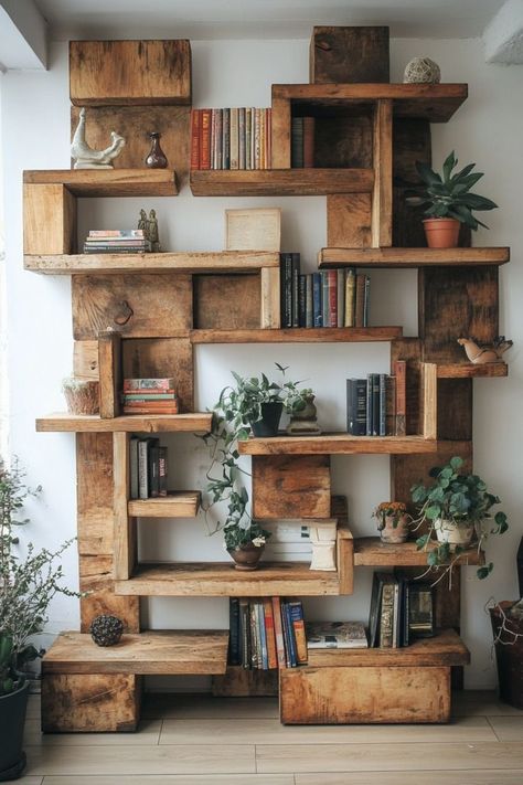 Personalize your storage with customized wooden shelving. Perfect for displaying books, plants, or decorative items, wooden shelves bring both function and beauty. 📚✨🌲 #WoodenShelves #CustomDesign #HomeStorage #FunctionalDecor Japanese Bookshelf Aesthetic, Live Edge Bookcase, Cedar Bookshelf, Japanese Bookshelf, Pallet Shelf Ideas, Shelving Diy, Rustic Shelving, Reclaimed Wood Bookcase, Wooden Shelving